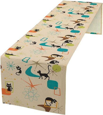 Middle Ages Table Runner,Black Cats Retro Atomic Explosions Mid 1950s Modern Geometric Pattern Abstractions Table Runner for Coffee Table Dining Room Table Bedroom Party Holiday Decor 13x36inch in Saudi Arabia