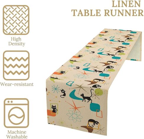 Middle Ages Table Runner,Black Cats Retro Atomic Explosions Mid 1950s Modern Geometric Pattern Abstractions Table Runner for Coffee Table Dining Room Table Bedroom Party Holiday Decor 13x36inch in Saudi Arabia