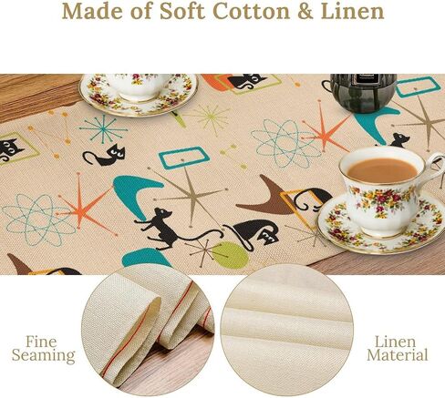 Middle Ages Table Runner,Black Cats Retro Atomic Explosions Mid 1950s Modern Geometric Pattern Abstractions Table Runner for Coffee Table Dining Room Table Bedroom Party Holiday Decor 13x36inch in Saudi Arabia