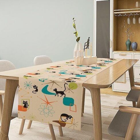 Middle Ages Table Runner,Black Cats Retro Atomic Explosions Mid 1950s Modern Geometric Pattern Abstractions Table Runner for Coffee Table Dining Room Table Bedroom Party Holiday Decor 13x36inch in Saudi Arabia