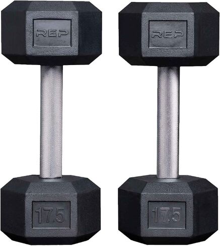 Rep Fitness Rubber Hex Dumbbell(s) - Singles (55LB +) and Pairs (5LB - 50LB) - Low Odor, Fully Knurled Handle in Kuwait