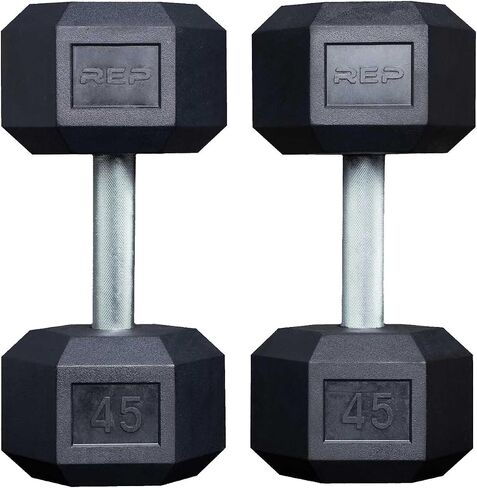 Rep Fitness Rubber Hex Dumbbell(s) - Singles (55LB +) and Pairs (5LB - 50LB) - Low Odor, Fully Knurled Handle in Kuwait