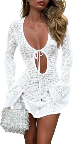 Saodimallsu Womens Crochet Swimsuit Cover Up Long Bell Sleeve V Neck Tie Front Summer Knit Beach Dress Vacation Outfits in Saudi Arabia