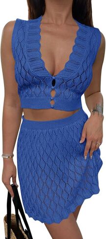 Saodimallsu Womens 2 Piece Crochet Swimsuit Cover Ups Sleeveless V Neck Crop Tops Skirt Sets Beach Vacation Outfits in Saudi Arabia
