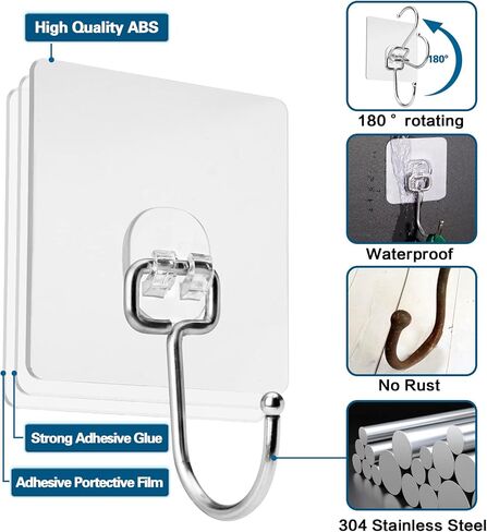 12 Pack, Large Adhesive Hooks 37lb(Max), Transparent Waterproof Wall Hooks Adhesive Removable, Reusable Sticky Hooks for Hanging and Organize Heavy Duty, Indoor/Outdoor in Saudi Arabia