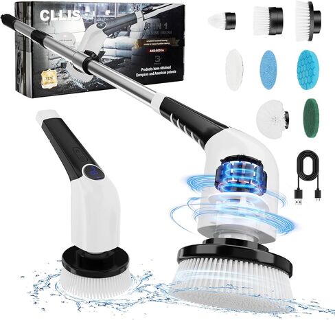 Electric Spin Scrubber, Shower Scrubber with Long Handle & 8 Replaceable Brush Heads, 3 Speeds Cleaning Brush Power Scrubber, Adjustable Extension Handle Spin Brush for Cleaning Bathroom,Tub in Saudi Arabia