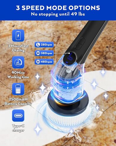 Electric Spin Scrubber, Shower Scrubber with Long Handle & 8 Replaceable Brush Heads, 3 Speeds Cleaning Brush Power Scrubber, Adjustable Extension Handle Spin Brush for Cleaning Bathroom,Tub in Saudi Arabia