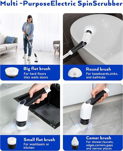 Electric Spin Scrubber, Shower Scrubber with Long Handle & 8 Replaceable Brush Heads, 3 Speeds Cleaning Brush Power Scrubber, Adjustable Extension Handle Spin Brush for Cleaning Bathroom,Tub in Saudi Arabia