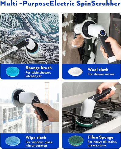 Electric Spin Scrubber, Shower Scrubber with Long Handle & 8 Replaceable Brush Heads, 3 Speeds Cleaning Brush Power Scrubber, Adjustable Extension Handle Spin Brush for Cleaning Bathroom,Tub in Saudi Arabia