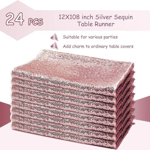 Mixweer 24 Pcs 12 x 108 Inch Rose Gold Sequin Table Runners Bulk Glitter Sequin Table Runners for Party Rectangle Table Decorations for Birthday Wedding Engagement Holiday Celebration (Rose Gold) in Kuwait