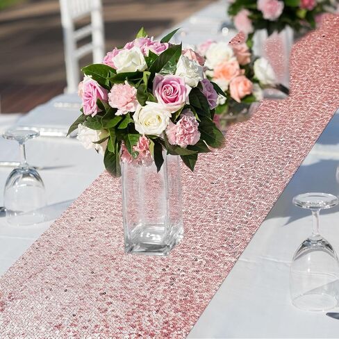 Mixweer 24 Pcs 12 x 108 Inch Rose Gold Sequin Table Runners Bulk Glitter Sequin Table Runners for Party Rectangle Table Decorations for Birthday Wedding Engagement Holiday Celebration (Rose Gold) in Kuwait
