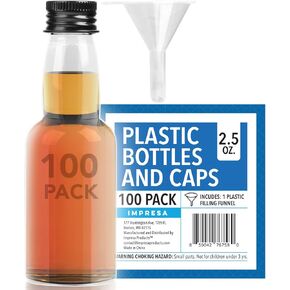 IMPRESA 100 pack 75ml 2.5oz Mini Liquor Bottles Bulk for Any Spirit Any Time - Get Creative with Mini Plastic Bottles for Unique Party Touch - Easy Clean Alcohol Bottles-No Leak Shot Bottles with Caps
