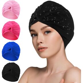 4 Pieces Swim Caps for Women Polyester Swimming Turban Strong Non-Slip Swimming Hat Elastic Swimming Pool Cap for Ladies Long and Short Hair