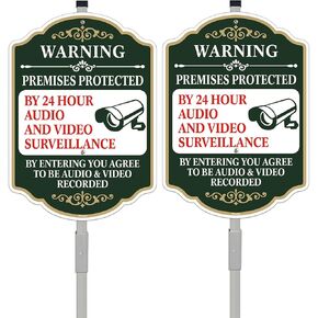 2 Pack Premises Protected by 24 Audio and Video Surveillance Sign with Stake, Aluminum Metal Surveillance Sign 35" Total Length, Heavy Duty Weather Resistance Sign