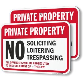 SmartSign 2-Pack Private Property No Soliciting/Loitering/Trespassing All Offenders Prosecuted Sign, 12" x 18", 80 mil Aluminum Composite (ACM), Pre-Drilled Holes, Red/Black/White, USA-Made