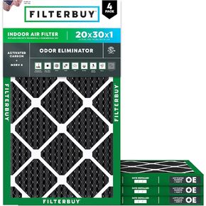Filterbuy 20x30x1 Air Filter MERV 8 Odor Eliminator (4-Pack), Pleated HVAC AC Furnace Air Filters Replacement with Activated Carbon (Actual Size: 19.63 x 29.63 x 0.75 Inches)