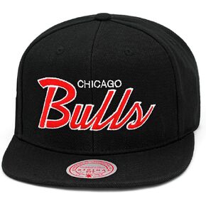Mitchell & Ness Chicago Bulls Snapback Hat - Black/Red/Script/Satin - Basketball Cap for Men