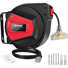 Himimi Retractable Extension Cord Reel, 50FT 14AWG/3C Power Cord Reel for Garage Workshop, Wall/Ceiling Mounted Extension Cord Reel, 3-Lighted Triple Outlets, UL Listed, 13A Circuit Breaker
