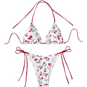 SHENHE Women's 2 Piece Graphic Bikini Set Cherry Triangle Tie Side Halter Swimsuit Bathing Suit
