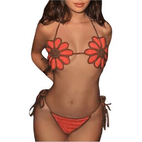 WDIRARA Women's 2 Pieces Bikini Sets Floral Crochet Boho Tie Side Swimsuits Bathing Suits