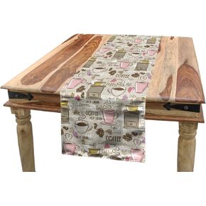 Lunarable Coffee Table Runner, Morning Coffee Themed Colorful Illustration with Grinder Mill Cups and Fresh Beans, Dining Room Kitchen Rectangular Runner, 16" X 90", Pink Beige