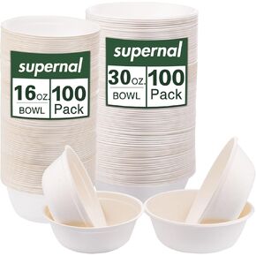 supernal 200pcs Disposable Soup Bowls, Paper Bowls Disposable, Eco-Friendly Bagasse Soup Bowls, Biodegradable Paper Bowls,100% Compostable Bowls Include 16oz[100pcs]&30oz[100pcs] Heavy-Duty