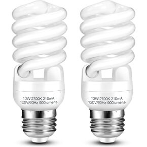 CFL Light Bulbs E26 Base, T2 Spiral 13Watt (60Watt Equivalent) Soft White 2700K 900lm Compact Fluorescent Light Bulbs, UL Approved, 120v 60Hz, Self Ballasted CFL Bulbs, Pack of 2