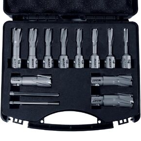 TCT Annular Cutter13 PCS, 1-3/8 Cutting Depth and Cutting Diameter from 7/16 to 1-1/16 for Drill Press with 2 Pilot Pin, Universal Shank Compatible with 3/4" Weldon Shark and Standard Tool Holder