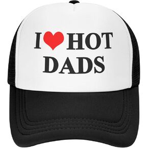 I Love Heart Hot Dads Hat Unisex Adult Trucker Hats Adjustable Cap for Adults Classic Fishing Caps Black