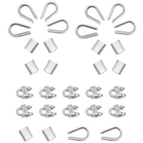 30PCS Wire Rope Accessories Set M5 Cable Clip Clamp Stainless Steel Thimbles Rigging and Aluminum Crimping Loop Sleeve for 3/16'' Wire Rope