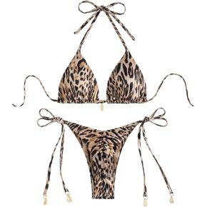Women's 2 Piece Leopard String Bikini Sets High Cut Halter Triangle Ruched Bathing Suit Resort Outfit