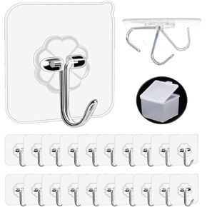 Adhesive Hooks, 20 Packs, 33lbs/15kg Premium Heavy Duty Wall Ceiling Hooks for Hanging, Damage Free, Clear Sticky Hanger for Kitchen, Bathroom Shower Outdoor Use.