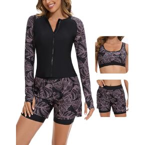 Rash Guard for Women 3 Piece Swimsuits Long Sleeve Bathing Suit with Boyshorts and Bra Ladies Swim Over 50 UPF 50+