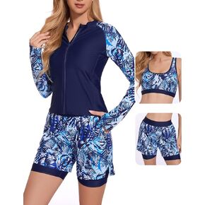 حارس راش للنساء 3 قطعة ملابس السباحة بدلة الاستحمام طويلة الأكمام مع boyshorts والسيدات حمالة الصدر يسبح أكثر من 50 upf 50+