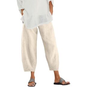 Women Summer Casual Elastic High Waist Pockets Linen Capri Pants Palazzo Lounge Trousers