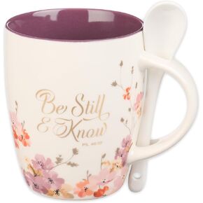 Christian Art Gifts Coffee and Tea Scripture Mug with Ceramic Spoon Set for Women: Be Still and Know - Psalm 46:10 Inspirational Bible Verse Message Hot & Cold Beverage, Purple/White Floral, 12 oz.