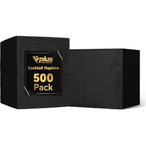 Vplus 500 Pack Black Cocktail Napkins, Elegant Beverage Napkins, 3-Ply Disposable Paper Napkins 4.9x4.9 inch, Perfect for Restaurant, Bar, Party, Wedding, Dessert Napkins