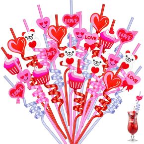 24 PCS Valentines Drinking Straws Reusable Red Love Heart Straws Crazy Loop Straws Valentine School Party Decor Straws for Valentine's Day Party Wedding Bachelorette Party Supplies Favors