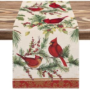 Christmas Table Runner Vintage Cardinal Bird Berry Table Cover Decoration for Xmas Winter Indoor Outdoor Home Kitchen Party Supplies, 13 x 90 Inch