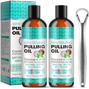 2Pack تبييض سحب الزيت مع مكشطة اللسان ، وسحب زيت جوز الهند للأسنان واللثة ، والتنفس الطازج ، وتبييض الأسنان ، وغسول الفم الطبيعي الخالي من الكحول مع جوز الهند البكر وزيت النعناع