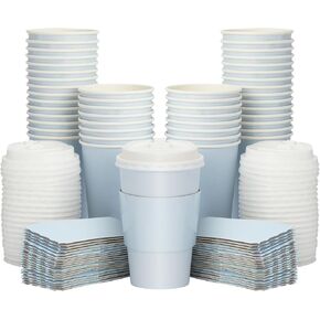 Sparkle and Bash 16 oz Disposable Light Blue Paper Coffee Cups with Lids and Sleeves (Set of 48) - Hot Drinks To Go