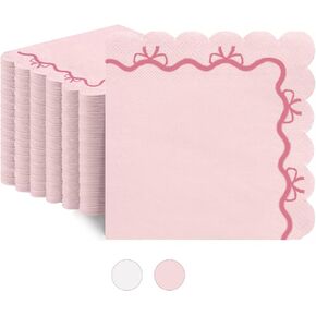 100 Pack Pink Bow Cocktail Napkins Scalloped Edges 5 x 5 Bachelorette Party Decoration Wedding Bridal Engagement Coquette Birthday Baby Shower Dinner Lunch Supplies