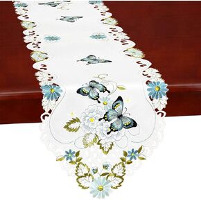 Simhomsen Embroidered Butterfly Table Runner for Spring and Summer, Dresser Scarf (Aqua, 14 x 69 inches)