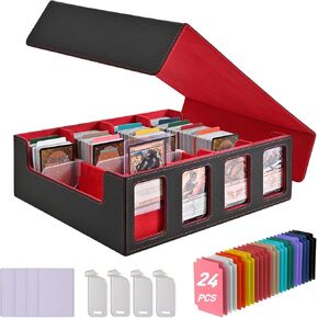 Card Storage Box for Trading Cards,3000+MTG Deck Box with 24 Colorful Divider Tabs and 4 Card Supporters,Trading Card Storage with Viewing Windows Fits for Magic Game Cards (Black&Red)