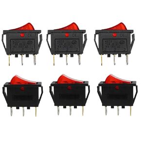 6Pcs Red Light Illuminated Rocker Switch, SPST On-Off Toggle Switch 3 Pin Snap-in, AC 250V 16A KCD3, Use for Car Boat Household Appliances Industrial Equipment