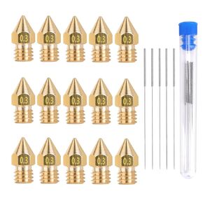 15 Pieces 0.3mm MK8 Extruder Nozzle with 5 Needles - Wellerly M6 MK8 3D Printer Nozzles Brass Print Head with Free Storage Box for 3D Printer Makerbot Anet A8 Creality CR-10 CR-10S S4 S5 Ender-3 5