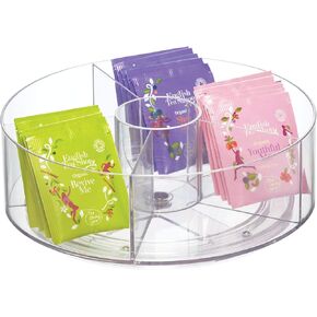 iDesign Cabinet Binz Divided Rotating Turntable Tea Packet Organizer, 9" x 9" x 3.01", Clear