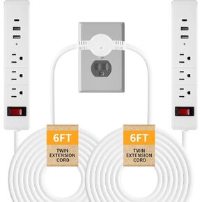 Twin Extension Cord 12 FT - Split Extension Cord with 6 Outlets and 6 USB Ports - 3 Prong Flat Plug Extension Cord - Double Extension Cord for Behind Bed, Couch, Nightstands, Vanity, Furniture