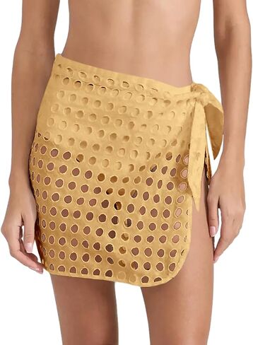 Saodimallsu Women's Crochet Cover Up Skirt 2024 Beach Mesh Slit Tie Waist Mini Wrap Skirts Pareo Swimwear Coverups in Saudi Arabia