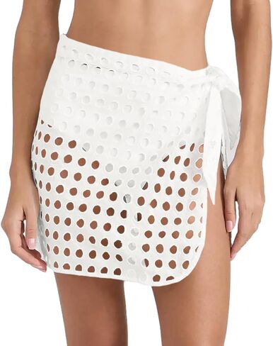 Saodimallsu Women's Crochet Cover Up Skirt 2024 Beach Mesh Slit Tie Waist Mini Wrap Skirts Pareo Swimwear Coverups in Saudi Arabia